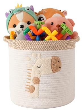 INough Toy Storage Baskets Woven Cotton Rope Storage Basket for Kids, Blanket Baskets for Living Room Toys Organizer with Embroidery Decor, Cute Baskets with Handle for Nursery, Burr Basket (Giraffe)