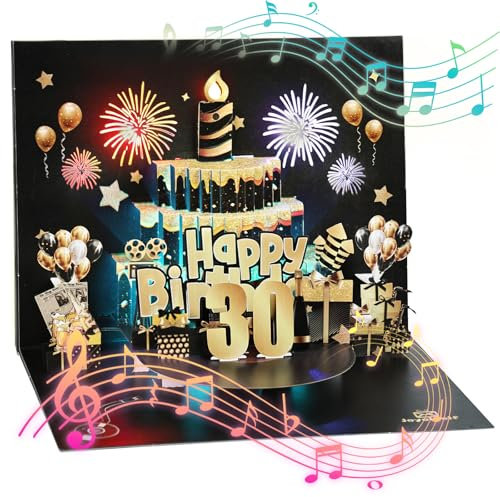 Joyoldelf 30 Geburtstagskarte mit Musik - 90° Pop Up Karte mit Lichtern und Interaktiven Kerzen, 3D Grußkarten Geburtstagsgeschenk für Männer, Frauen, Freunde, Familie