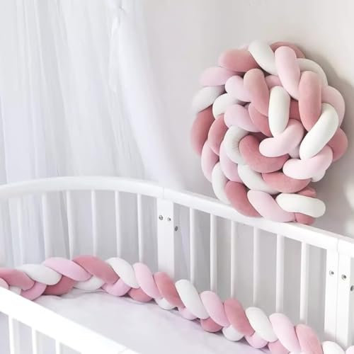 Bettschlange Geflochten, Baby, Babybett Umrandungen, Kantenschutz Bettumrandung Knotenkissen, Seitenschläferkissen, Baumwolle Schlafkissen Kissen,Weiß+Pink+Dunkelrosa,150cm