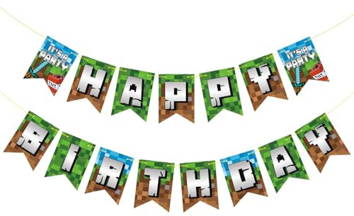 Pre-Strung Game Theme Happy Birthday Banner - NO DIY - Video Gaming Pixel Party Decoration Favors Background Photo Props Birthday Party Supplies Birthday Garland Pennant Hanging Wall Decor for Boys