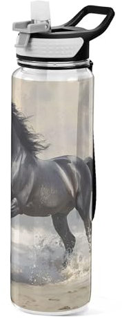 Sevdomey Black Horse Water Bottle with Straw Lid Clear Leakproof Gym Water Bottles for Outdoor Sport Drinking Fitness Workout Travel, 32 oz