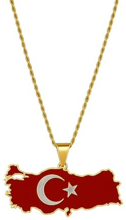 focutex Edelstahl Türkei Flagge Kette - vergoldet - 45cm - Gold/Silber Anhänger Halskette Wappen Halbmond Moselm muslimisch (Gold)