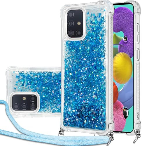 Handykette Hülle für Samsung Galaxy A51 mit Band, Glitzer Treibsand Handyhülle mit Band, Schutzhülle mit Kordel zum Umhängen, Necklace Case für Samsung Galaxy A51 Hülle Quicksand Glitzer