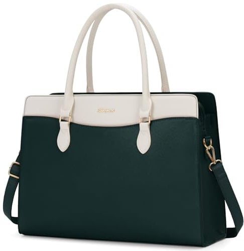 RAINSMORE Handtasche Damen Shopper Tasche Damen Groß Arbeitstasche Laptoptasche Damen 15.6 Zoll PU Leder Wasserdicht Aktentasche für Business Arbeit Dunkelgrün und Weiß