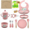MOOMBABI Assiette Ventouse Pour Bébé Lot de 13,Coffret repas bebe - Assiette, bol, bavoir, couverts bébé silicone et Inox, 4 Gourde Reutilisables Pour Compote (10,7 X 17 Cm)