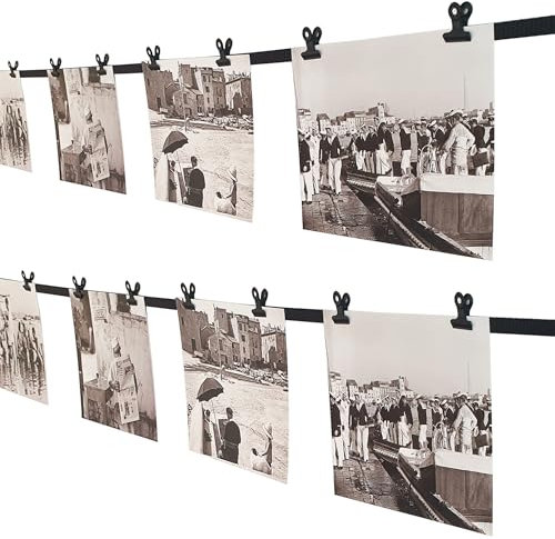 LeTOMA - Fotos aufhängen mit Stil | Fotoseil im minimalistischen Design Pure Black | Schwarzes Band mit schwarzen Metall-Klammern | 150 cm & 15 Clips | Made in Germany