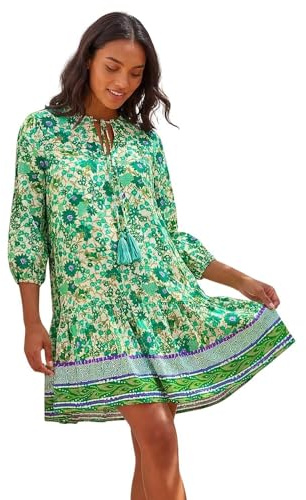 Roman Originals Floral Print Border Smock Dress for Women UK - Ladies Everyday Holiday Spring Summer V-Neckline Comfy Soft Evening Vacation Work Party