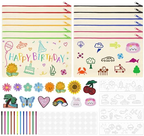 Federtasche zum Bemalen Kinder, 12 DIY Stoff Stoffbeutel Zum Bemalen | Zum Bemalen mit 12 Buntstiften, 4 Schablonen Malen, 14 Austauschbare Muster, 20 Klettband Selbstklebend für Kindergeburtstag