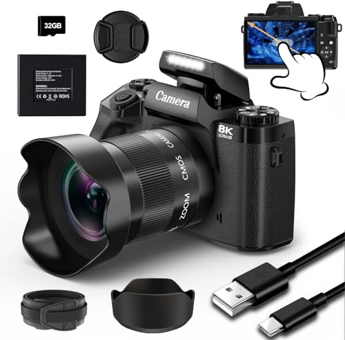 8K Digital Camera for Photography, 4 Inch Touchscreen 16X Digital Zoom Video Camera with 3000mAh Battery, Dual-Lens, Lens Hood, 32GB TF Card and Flash,Black