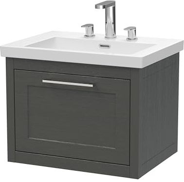 Balterley Vanity Unit with Basin Wall Hung, Single Drawer Soft Close with 3 Tap Hole Rectangular Sink and Handle, Bathroom Vanity Units, Traditional Sink Cabinet - 613 x 462 x 495mm (Dark Grey)