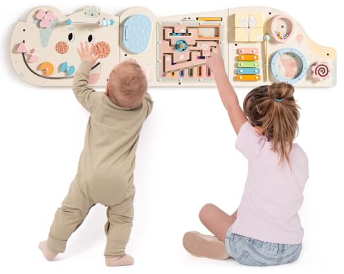 ROBUD Montessori Motorikbrett, 11-in-1 Busy Board aus Holz, Creme | Wandspielzeug ab 18 Monaten, mit Xylophon, Trommel, Spiegel & Drehteilen, platzsparend, sensorisch