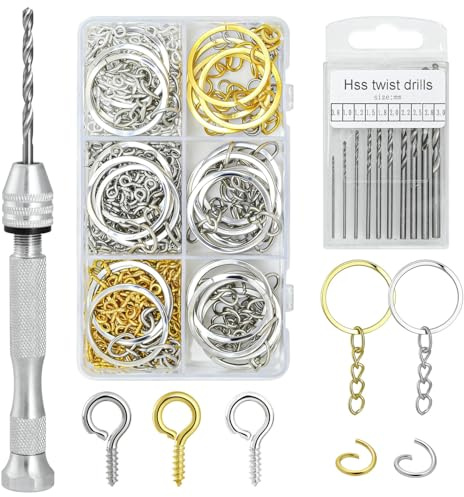 Prettme 670 Stück Handbohrer Klein Set,Manuelle Handbohrer mit 10 Spiralbohrer(0.8-3.0mm), Kleine Ösenschraube und Schlüsselring,Mini Bohrer für Bastelarbeiten, Schmuckherstellung