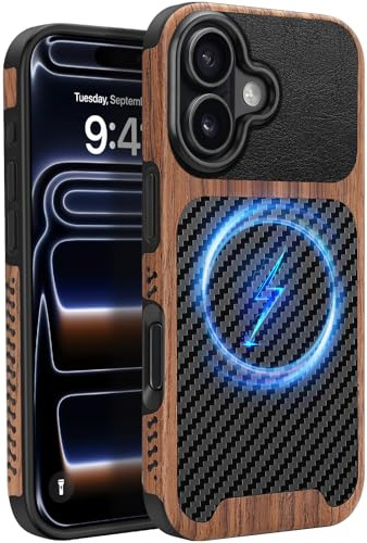 ZZDZZ Magnetisch Hülle für iPhone 17 Hülle 6,3 (Schwarz) | ZZDZZ Hülle [Kompatibel mit MagSafe] Holz und Carbon Leder Design Handyhülle Stoßfest Schutzhülle