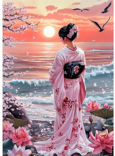 QENSPE 5D Diamond Painting Japanische Frau Diamant Painting Bilder Am Meer Diamond Art Erwachsene Full DIY Diamant Kunst Malerei Kristall Stickerei Set Home Wand Dekor 30x40cm