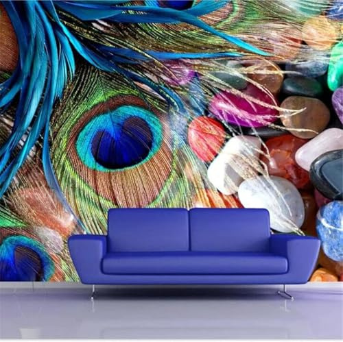 Bunt Pfau Federn Kieselsteine Kunst 3D Tapeten Tapete Luxus Home Esszimmer Fototapete Effekt Wohnzimmer Schlafzimmer Kinderzimmer-150cm×105cm