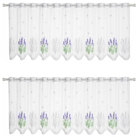 Homelytic 2 Pack Lavender Lace Cafe Curtain，Sheer Tier 153x48cm for Kitchen | 2 lavender lace panels (153x48cm) with crochet trim – rod pocket sheer tier for kitchen & living room. Ready to hang.