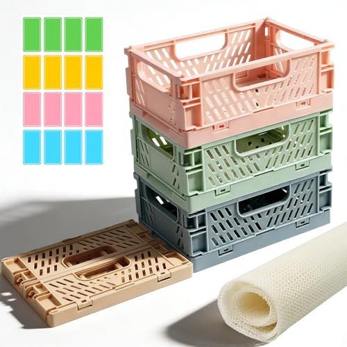 4er Set Mini Klappboxen mit Etiketten und Antirutschmatte Klappbox Bunt | kleine Aufbewahrungskorb, Faltbar Klappkiste, Aufbewahrungsbox für Schublade, Regal, Bad, Küche, Büro - 15 x 10 x 5,7 cm