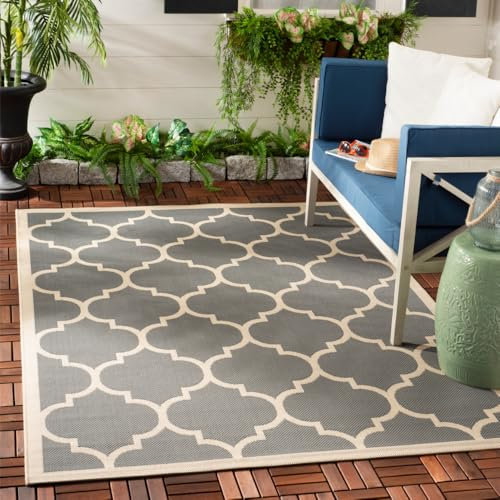 SAFAVIEH Geometrisch Teppich für Innen - & Außenbereich - Courtyard Collection, Kurzer Flor, Anthrazit und Beige, 160 X 231 cm