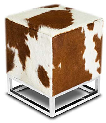 NEUERRAUM Kleiner schicker Würfel Kuhfell Bauhaus Echtleder Sitzhocker Beistellhocker Hocker Fußhocker 37 x 37 cm Sitzhöhe 45 cm. Abbildung echtes Kuhfell Braun-Weiß