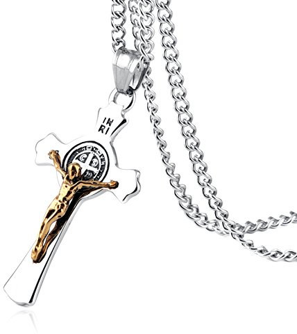 HZMAN Stainless Steel Saint St St. Benedict Crucifix Cross Pendants Necklace INRI (Gold & Silver)