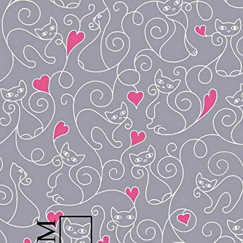 100x160cm Katze 100% Baumwolle Baumwollstoff Kinder Meterware Handwerken Nähen Stoff (Katze Grau Herzen Pink, 100x160cm (11,99€/m))