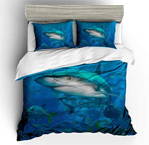 DOTBUY 3D Bettbezug Set, 3 Stück Super Weiche Angenehme Mikrofaser Einfache Bettwäsche Set Gemütlich Enthalten Bettbezug Kissenbezug Betten Schlafzimmer (135x200cm, Unterwasserhai)