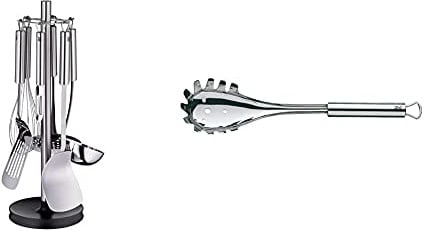 WMF Profi Plus Küchenhelfer Set 7-teilig, Ständer mit 6 Helfern, Schöpflöffel, Schaumlöffel & Profi Plus Spaghettilöffel 32 cm, Cromargan Edelstahl teilmattiert