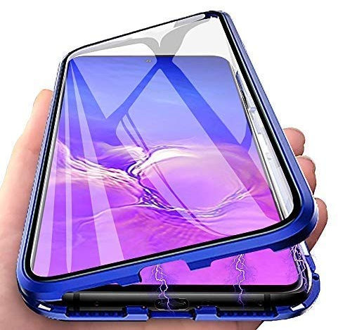 Galaxy S20 Ultra 5G Hülle, Handyhülle für Samsung S20 Ultra Hülle Magnetic Adsorption, 360 Grad Komplettschutz Schutzhülle Clear Doppelseitige Aus Gehärtetem Glas Metall Flip Case, Blau