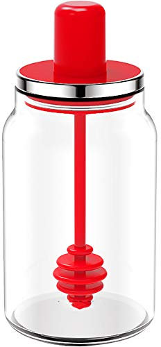 XiaoShenLu Pot de miel en Verre avec Cuillère à Miel, Confiture Miel Distribution Pot, 220ml rouge