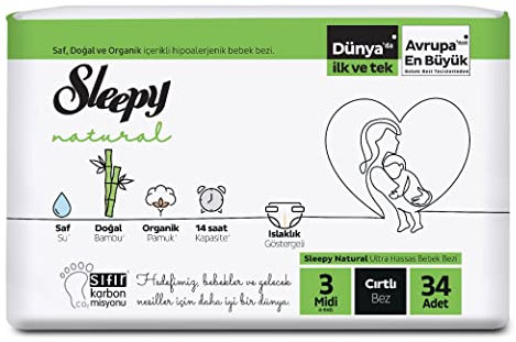 Sleepy Natural Baby Windeln Größe 3 (4-9 Kg) - MONATSBOX, Für Empfindliche Babys, 170 Stück (5 Packungen mit 34)