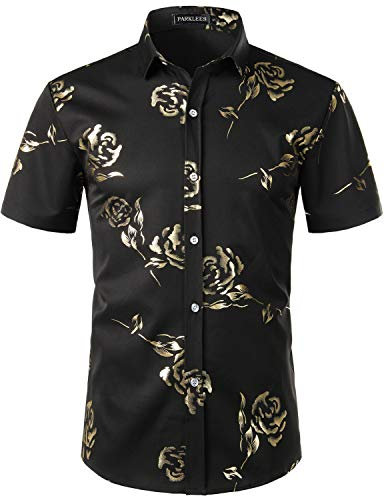 PARKLEES Mens Hipster Gold Rose Printed Slim Fit Short Sleeve Button Down Dress Shirts Black Gold XL