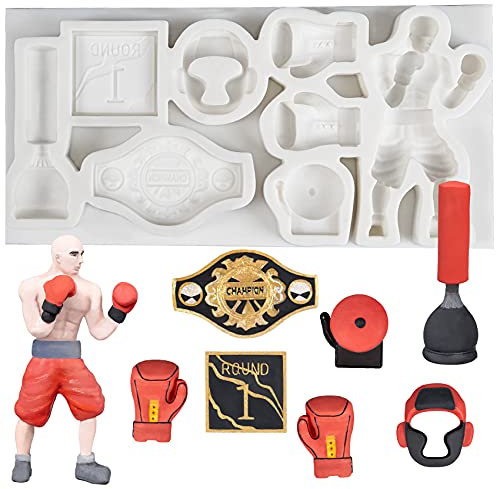 Boxen Silikonform Boxhandschuhe Fondant Kopfschutz Tortendeko Boxer Boxsack Champion Gürtel Schild für Runde 1 Glocke Epoxidharz Form 8 Muster