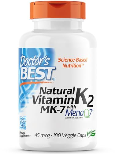 Doctor's Best, Natural Vitamin K2, MK-7 con MenaQ-7, 45mcg, 180 Cápsulas veganas, Probado en Laboratorio, Sin Gluten, Sin Soja, Vegetariano