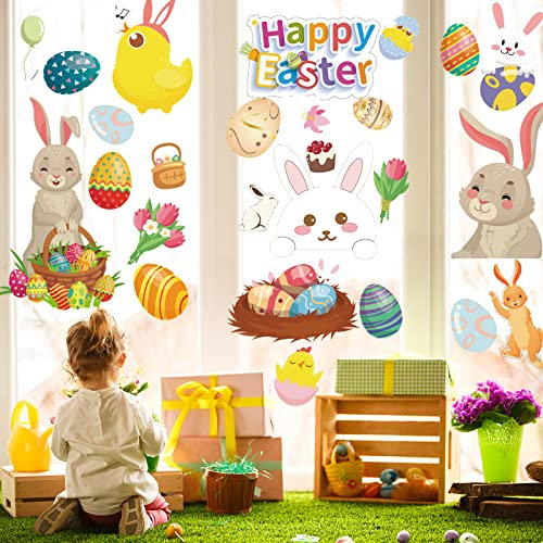 Fensterbilder Ostern,Fensterbild Ostern Selbstklebend mit Häscheneier Frühling,Osterfenster Klammert Sich an Aufkleber Hase Ostereier für Vitrinen,Fenster Dekoration,Fenstersticker Wiederverwendbar
