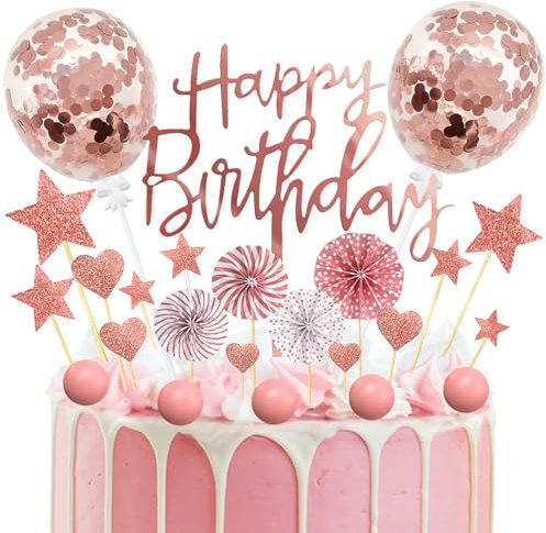 Tortendeko Rosegold, Kuchendeko Geburtstag Mädchen, 22 Stück Happy Birthday Kuchendeko mit Konfetti Luftballons Papierfächer Sternen Liebe und Kugel Cake Topper, Torten Deko für Mädchen Frauen