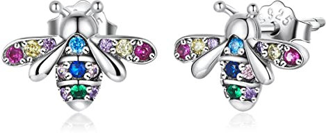 Kleine Biene Ohrringe Silber 925 Damen - Qings Honigbiene Ohrstecker mit bunten kubischen Zirkonia Niedlich Mini Tierschmuck Geburtstag Weihnachten Geschenke für Frauen Mädchen