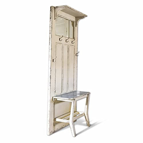 Loberon Garderobe Lia, edles Antik-Finish, französisches Design, mit Spiegel & Haken, Vintage-Look, Aufbewahrung, Ordnungshelfer, Kiefernholz, Spiegelglas, Eisen, antikweiß