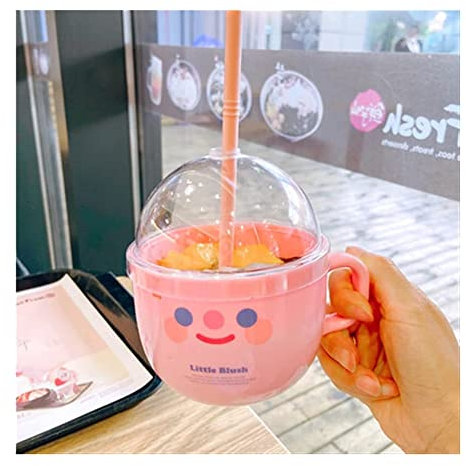 JGATW Botella Agua Tazón Kawaii De 500ml, Botella De Agua De Plástico con Pajita, Bonitos Vasos Portátiles para Desayuno, Regalo para Niñas Y Niños, Sin BPA Botella Agua Deporte