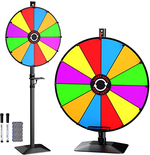 61 cm Preisrad – Doppelnutzung Tischplatte oder höhenverstellbarer Bodenständer, robustes Spinner-Glücksrad mit 12 Schlitzen & trocken abwischbaren Markern und Radiergummi für Karneval, Messen,