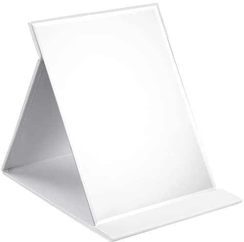 OWLKELA 25x18cm Portable Folding Mirror, PU Leather, White HD | Compact Makeup Mirror, Free Standing Vanity, Tabletop Foldable, Travel Mirror for Home, Office, Desk