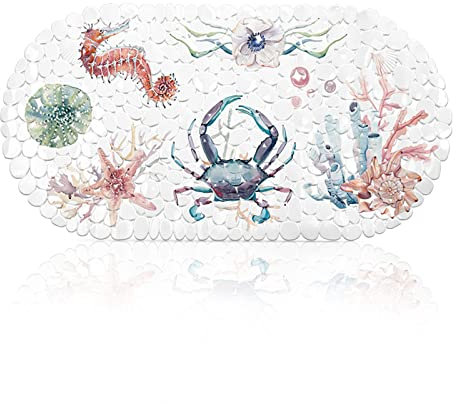 Bath Mat Non Slip Anti Mould, 69x35cm Shell Pebbles Shape Shower Mat with Suction Cups, Washable Quick Dry Bath Mats for Bathroom (Seahorse Crab)