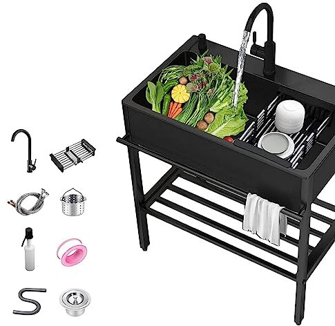 Duchunsheng Lavello Cucina Nero con 1 Vasca, Lavello Cucina Lavandino Nero Lavelli Utility per Una Lavanderia, Lavelli Commerciale Autoportante, Lavatoio da Giardino Campeggio, Lavatoio Lavanderia