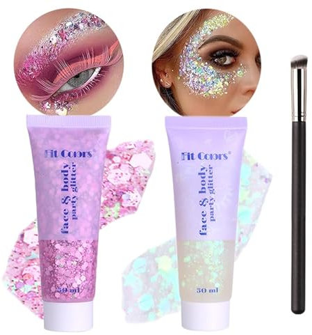 WishesMar 2 Stück Rosa Silber Body Chunky Pailletten Glitter Gel Mermaid Glitzer Sequins für Körper, Augen, Lippen, Gesicht - Holografisches Flüssiges Glitzer Gel für Party, Festival, Maskerade