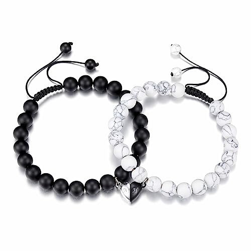 JSDDE Heilsteine Pärchen Armband mit Magnet Herz Anhänger Paar Armbänder Yin Yang Armband Charms Partnerarmbänder Freundschaftsarmband Reiki Heilung Schmuck für Liebhaber Schwestern Freunde
