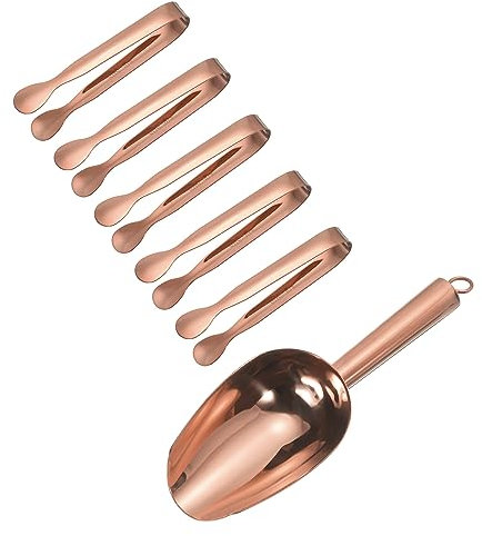 uxcell Serving Tongs, 6pcs - Stainless Steel Ice Scoop and Ice Tong, Mini Kitchen Tongs & Scoops, for Ice Bucket, Sugar, Dessert (Rose Gold)