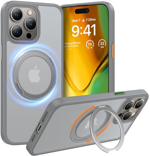 TORRAS Ostand R 360° Magnetischer Ring Ständer für iPhone 15 Pro Hülle für MagSafe [Zertifiziert Stoßfest] Schlankes Luxus Handyhülle Grau