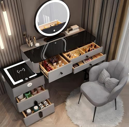 AMZSEW Dressing Tables with Lighted Mirror,Makeup Desk Set with Mirror/USB & Wireless Charging Station Vanity Table with 5 Drawers and Stool, Makeup Desk- Modern for Girls (GRAY80CM)