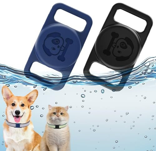 Mezrkuwr® Lot de 2 supports en silicone pour collier de chien - Applicable sur Airtag - Léger et imperméable - Applicable sur Airtag chien/chat - Accessoires pour animaux de compagnie - Bleu + noir