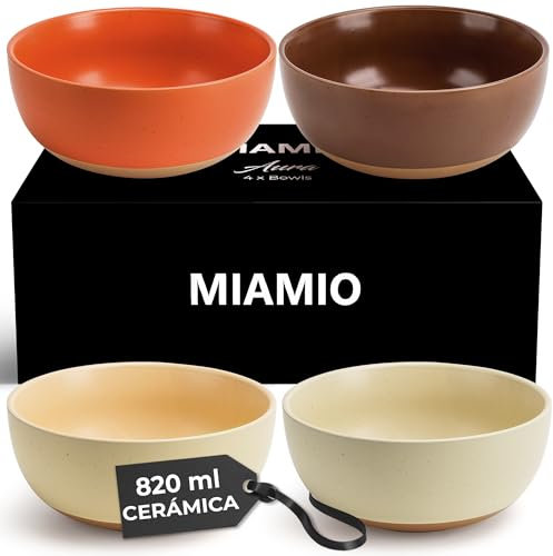 MIAMIO - Set de 4 Cuencos de Cerámica de 820 ml para Sopa/Ensalada, Avena, Fruta, Arroz - Aptos para Lavavajillas y Microondas - Colección Aura (Acogedor Neutro, Cuencos (4x))