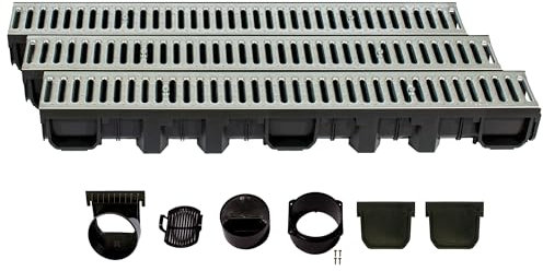 ScarMaxx - A15 Entwässerungsrinne Set - Bodenrinne - Regenwasser-Ablauf - Abfluss mit Gitter - Drainagekanal - Flach - Kunststoff - Bauhöhe 115 mm - mit Stegrost Stahl Verzinkt - 3m
